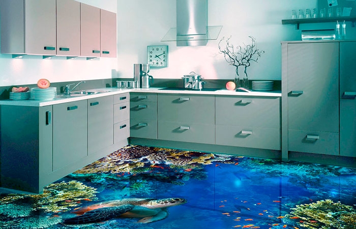 В домашних условиях 3d-наливной пол с цветами, пляжем, дельфинами выглядит безвкусно и дёшево